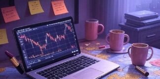 Why Female Leadership Is Reshaping Global Business Messy desk with neon sticky notes, laptop showing stock chart, stiletto on crumpled world map, lipstick-smudged mugs, in vibrant purples, golds, and corals.