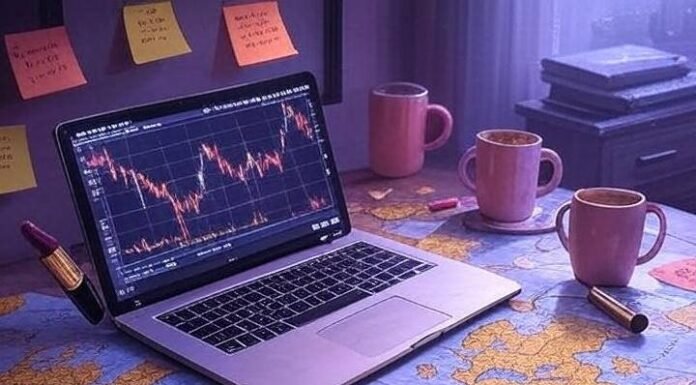 Why Female Leadership Is Reshaping Global Business Messy desk with neon sticky notes, laptop showing stock chart, stiletto on crumpled world map, lipstick-smudged mugs, in vibrant purples, golds, and corals.
