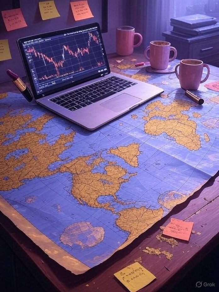 Messy desk with neon sticky notes, laptop showing stock chart, stiletto on crumpled world map, lipstick-smudged mugs, in vibrant purples, golds, and corals. Messy desk with neon sticky notes, laptop showing stock chart, stiletto on crumpled world map, lipstick-smudged mugs, in vibrant purples, golds, and corals.