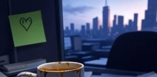 Mental Health Breaks: My Totally Not-Perfect Guide for Working Women Blurry desk with chipped coffee mug, messy to-do list, smudged window, green sticky note heart.