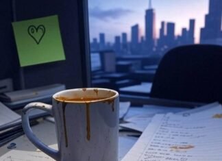 Mental Health Breaks: My Totally Not-Perfect Guide for Working Women Blurry desk with chipped coffee mug, messy to-do list, smudged window, green sticky note heart.