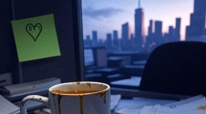 Mental Health Breaks: My Totally Not-Perfect Guide for Working Women Blurry desk with chipped coffee mug, messy to-do list, smudged window, green sticky note heart.