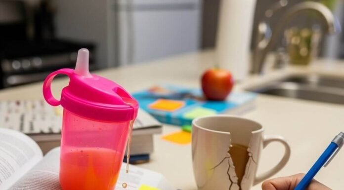Balancing Kids and College: Real Tips from Moms Who Did It A slightly blurry, high-resolution shot of a cluttered kitchen counter.