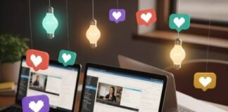 Free Resources Every Woman Learner Should Bookmark Cluttered desk with laptops, coffee, sticky notes, and floating lightbulbs and pixel hearts.