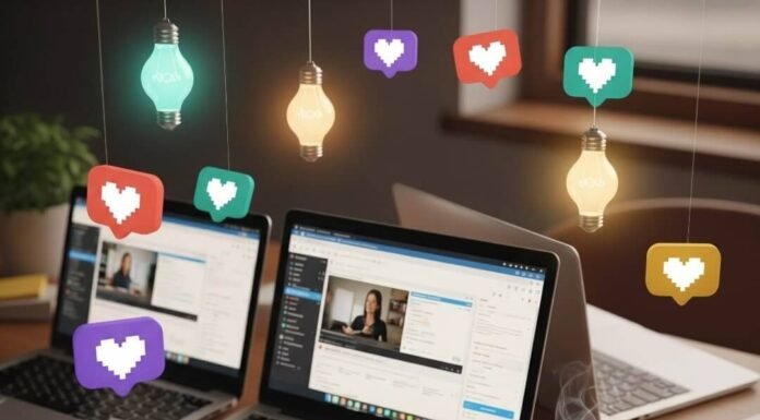 Free Resources Every Woman Learner Should Bookmark Cluttered desk with laptops, coffee, sticky notes, and floating lightbulbs and pixel hearts.