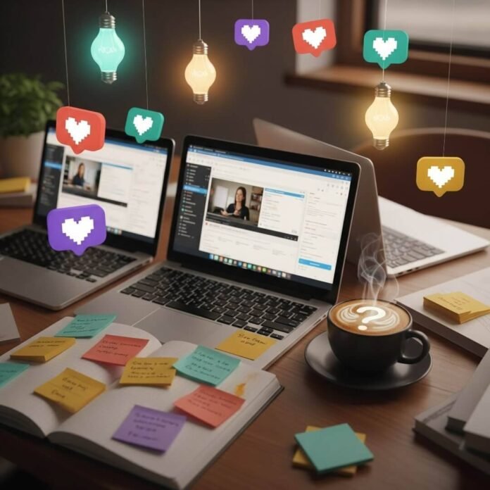 Cluttered desk with laptops, coffee, sticky notes, and floating lightbulbs and pixel hearts.