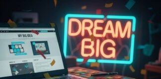 From Side Hustle to Empire: Female Founders Speak "Dream Big" neon, laptop, mismatched sneakers, confetti in a cool coffee shop.