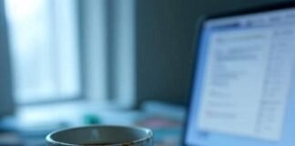 Anxiety and Ambition: Balancing Success & Sanity Blurry desk with chipped mug leaking on crumpled to-do list, chaotic laptop, bent paperclips, teal-orange-yellow tones.