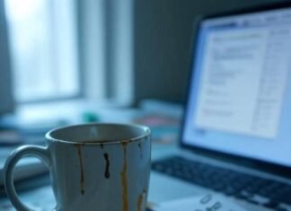 Anxiety and Ambition: Balancing Success & Sanity Blurry desk with chipped mug leaking on crumpled to-do list, chaotic laptop, bent paperclips, teal-orange-yellow tones.