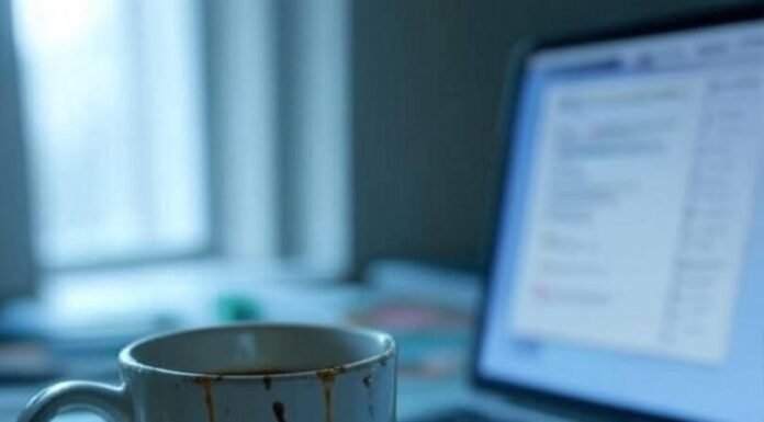 Anxiety and Ambition: Balancing Success & Sanity Blurry desk with chipped mug leaking on crumpled to-do list, chaotic laptop, bent paperclips, teal-orange-yellow tones.