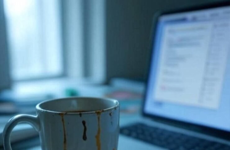 Anxiety and Ambition: Balancing Success & Sanity Blurry desk with chipped mug leaking on crumpled to-do list, chaotic laptop, bent paperclips, teal-orange-yellow tones.