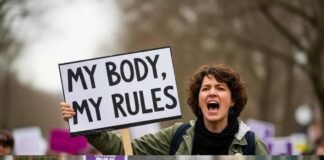 Reproductive Rights in 2025: My Total Chaos Take A woman at a rally yelling with a sign that reads "My Body, My Rules."