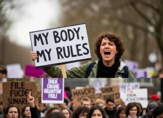 Reproductive Rights in 2025: My Total Chaos Take A woman at a rally yelling with a sign that reads "My Body, My Rules."