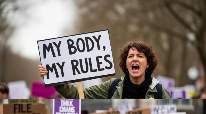 Reproductive Rights in 2025: My Total Chaos Take A woman at a rally yelling with a sign that reads "My Body, My Rules."