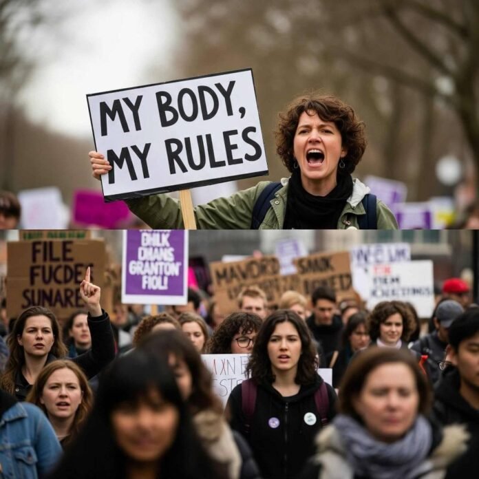 A woman at a rally yelling with a sign that reads "My Body, My Rules."