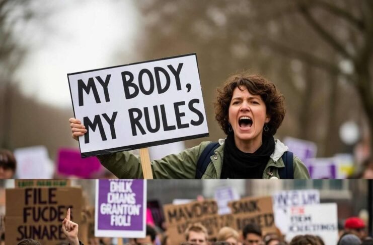 Reproductive Rights in 2025: My Total Chaos Take A woman at a rally yelling with a sign that reads "My Body, My Rules."