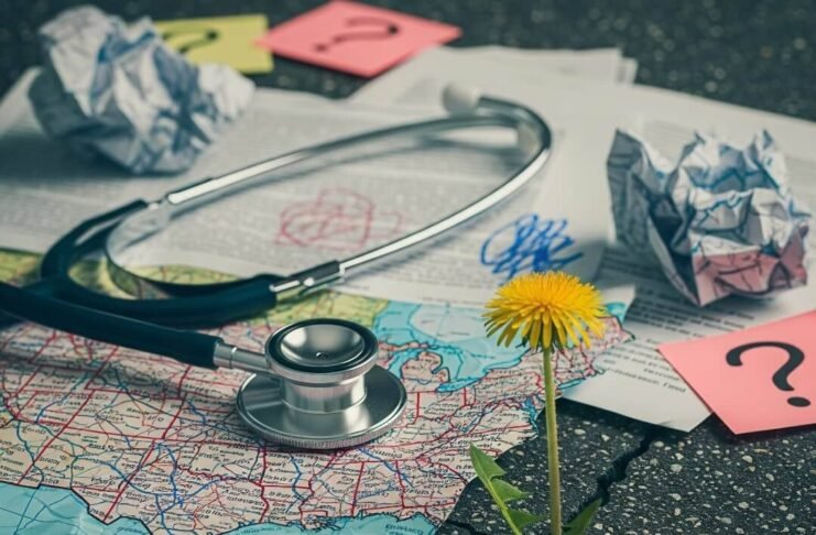 A State-by-State Guide to Reproductive Laws in America A crumpled map with a stethoscope, legal papers, and a dandelion.