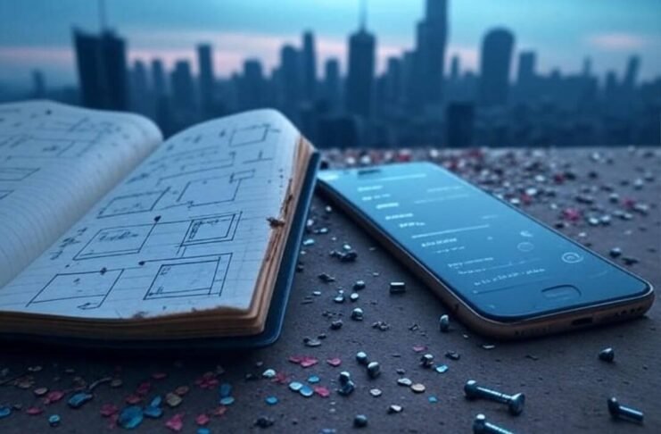 Women in Engineering: Career Advice from Trailblazers Scratched notebook with circuit diagrams, cracked phone, bolts, city skyline.