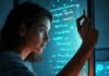 Tech Queens: The Rise of Female Innovators in STEM Blurry workspace with woman coding on steamy glass, notebook with circuit hearts, glitchy tablet, sparkles.