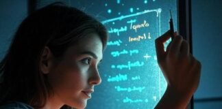 Tech Queens: The Rise of Female Innovators in STEM Blurry workspace with woman coding on steamy glass, notebook with circuit hearts, glitchy tablet, sparkles.