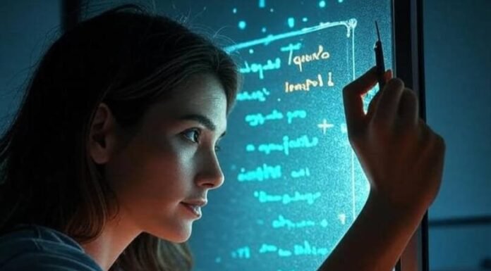 Tech Queens: The Rise of Female Innovators in STEM Blurry workspace with woman coding on steamy glass, notebook with circuit hearts, glitchy tablet, sparkles.
