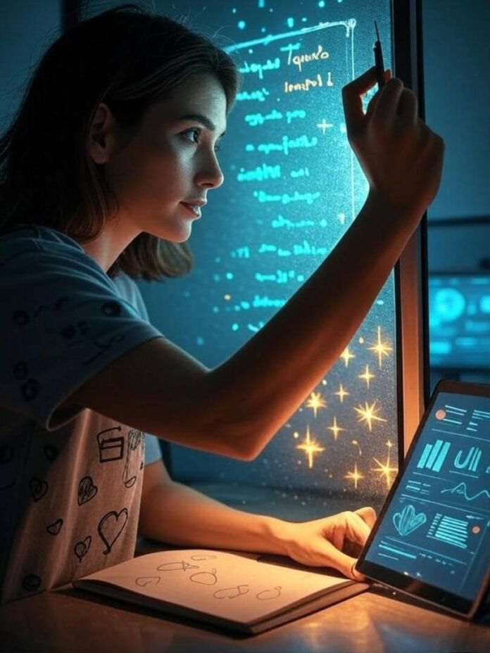 Blurry workspace with woman coding on steamy glass, notebook with circuit hearts, glitchy tablet, sparkles.