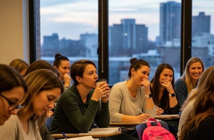 Why More Women Over 30 Are Going Back to School? Women over 30 in a classroom, some writing, some laughing.