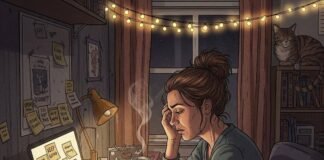 Degree or Skill? What Adult Women Learners Should Know? A determined woman works at a cluttered desk, lit by a laptop and fairy lights.