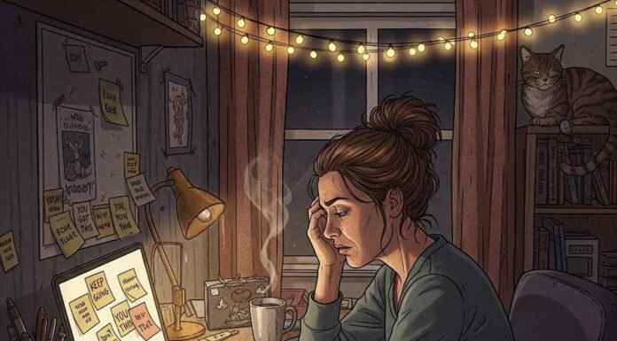 Degree or Skill? What Adult Women Learners Should Know? A determined woman works at a cluttered desk, lit by a laptop and fairy lights.