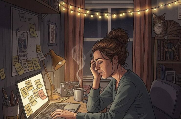 Degree or Skill? What Adult Women Learners Should Know? A determined woman works at a cluttered desk, lit by a laptop and fairy lights.