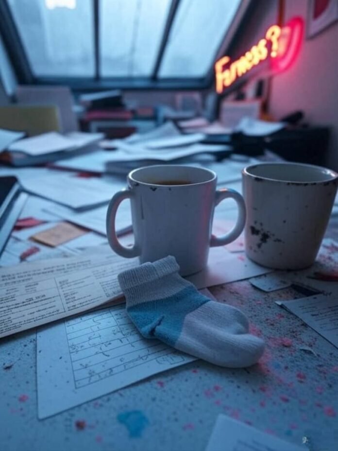 Chaotic desk with torn paycheck, chipped mug, papers, flickering "Fairness?" sign, mismatched sock.