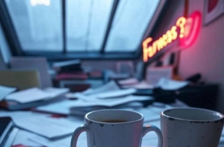 Equal Pay for Equal Work: My Messy Dive into Industry Pay Gaps Chaotic desk with torn paycheck, chipped mug, papers, flickering "Fairness?" sign, mismatched sock.