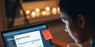 Grants and Funding for Women Entrepreneurs in 2025 A person working on a laptop with a grant application open, surrounded by sticky notes and confetti.