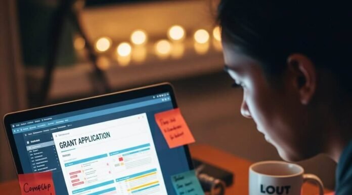 Grants and Funding for Women Entrepreneurs in 2025 A person working on a laptop with a grant application open, surrounded by sticky notes and confetti.
