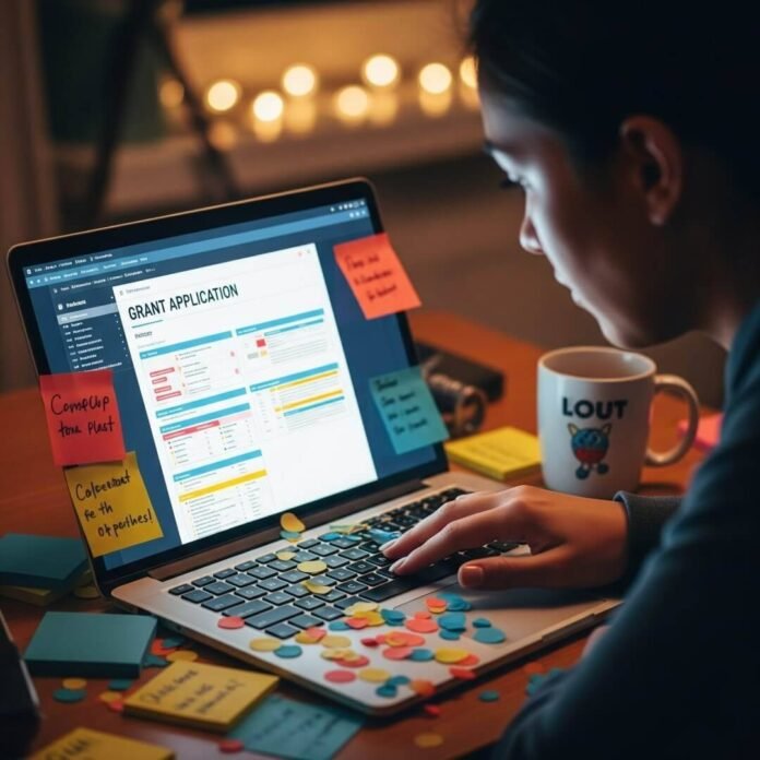 A person working on a laptop with a grant application open, surrounded by sticky notes and confetti. A person working on a laptop with a grant application open, surrounded by sticky notes and confetti.