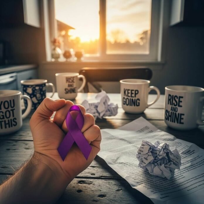 A fist clutches a purple domestic violence awareness ribbon, sunlit. A fist clutches a purple domestic violence awareness ribbon, sunlit.