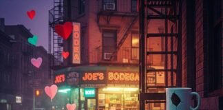 How to Help a Friend in an Abusive Relationship? Brooklyn street corner at dusk with bodega glow, chipped mug, cactus, and hearts.