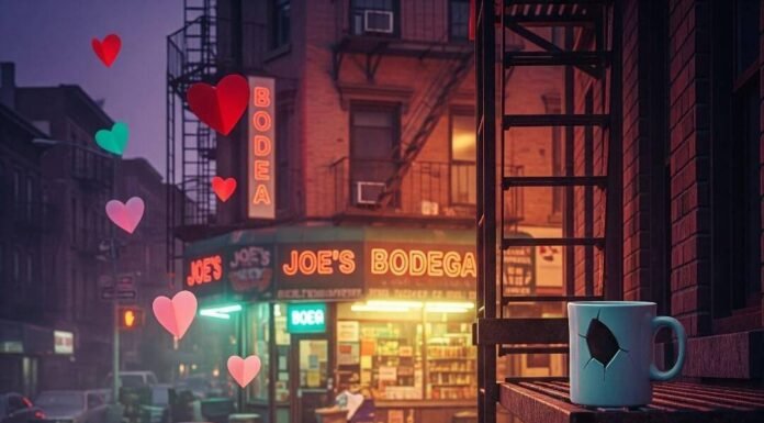 How to Help a Friend in an Abusive Relationship? Brooklyn street corner at dusk with bodega glow, chipped mug, cactus, and hearts.