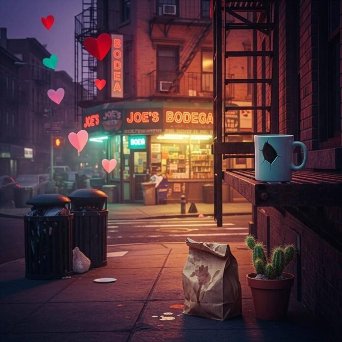 Brooklyn street corner at dusk with bodega glow, chipped mug, cactus, and hearts.