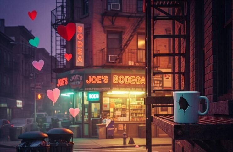 How to Help a Friend in an Abusive Relationship? Brooklyn street corner at dusk with bodega glow, chipped mug, cactus, and hearts.