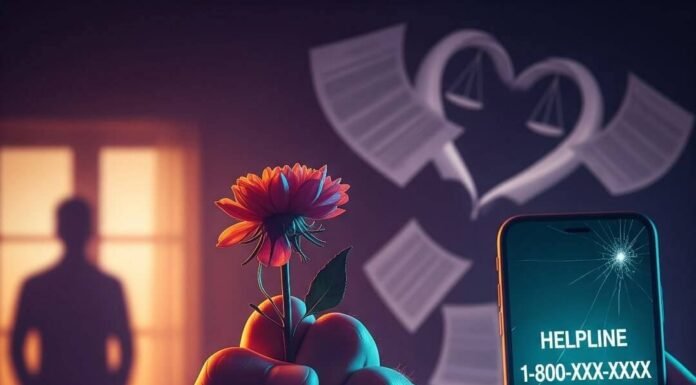 The Legal Steps to Take if You’re Facing Domestic Abuse Fist holding wilted flower, cracked phone, shadowy figure, legal papers.