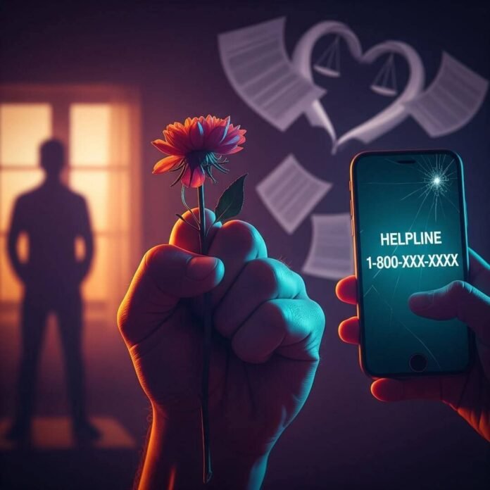 Fist holding wilted flower, cracked phone, shadowy figure, legal papers.