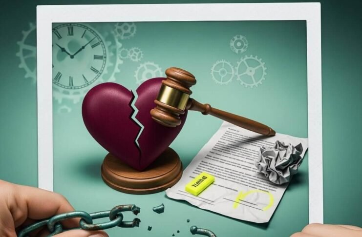 Domestic Violence and the Law: What’s Changing in 2025 Polaroid: gavel on broken heart, document, hands snapping rusty chains, clock gears.