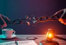 What Restraining Orders Can and Can’t Do: A Legal Breakdown Torn restraining order, broken chain, glowing gavel on a messy desk.