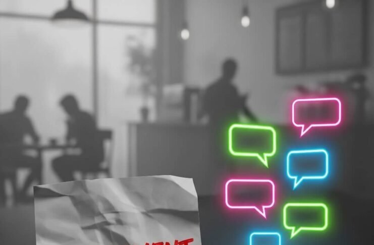 What Counts as Harassment—and How to Report It Scrunched sticky note "harassment," phone with reporting app, blurred coffee shop, neon bubbles.