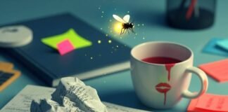 How to Document Workplace Harassment for Legal Action? Messy desk with notebook, coffee, sticky notes, and a glowing firefly.