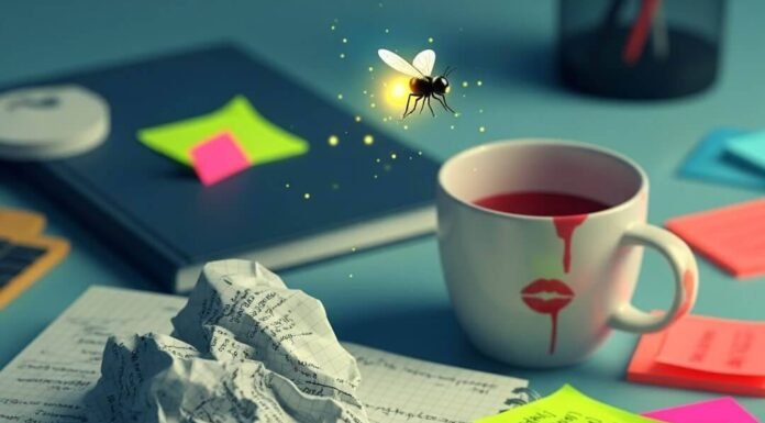 How to Document Workplace Harassment for Legal Action? Messy desk with notebook, coffee, sticky notes, and a glowing firefly.