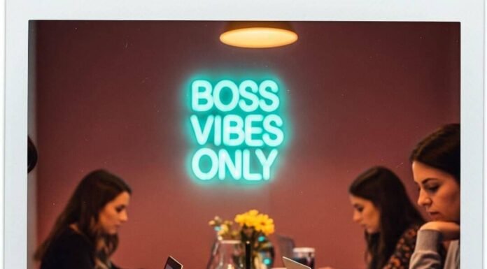 Why Women Are the Future of Entrepreneurship Polaroid of women working in a messy co-working space with a neon sign.