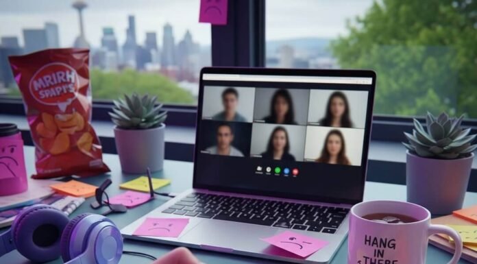 Workplace Harassment in Remote Jobs: A New Challenge Cluttered desk with laptop on Zoom, stress ball, and "Hang in There" mug.
