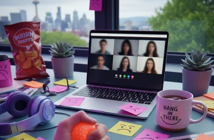 Workplace Harassment in Remote Jobs: A New Challenge Cluttered desk with laptop on Zoom, stress ball, and "Hang in There" mug.